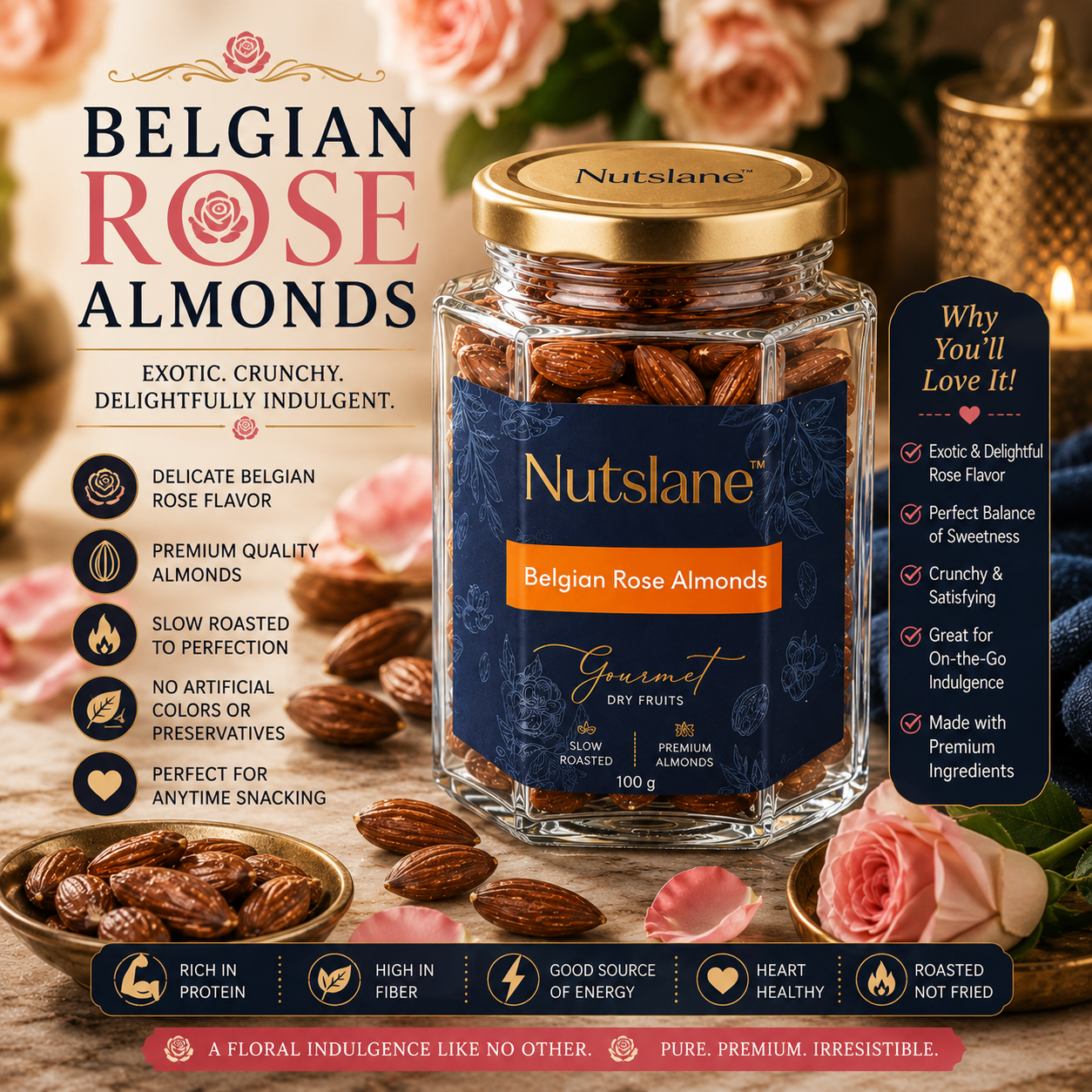 Belgian Rose Almonds – Premium Flavoured Almonds in Glass Jar | Exotic, Crunchy & Delightfully Indulgent