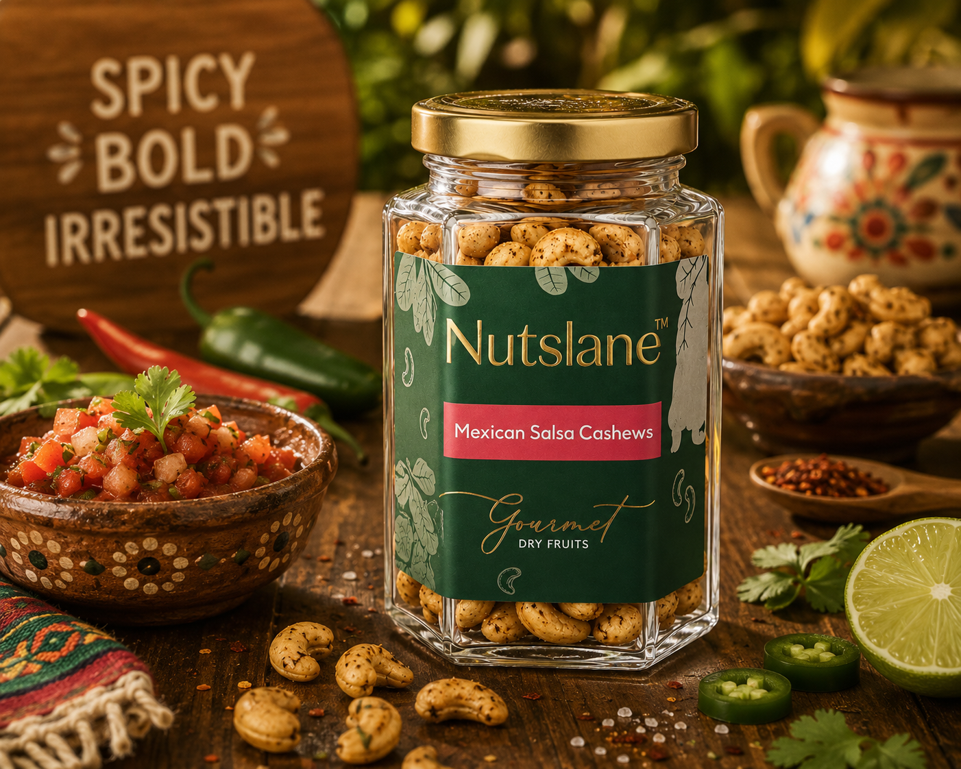 Mexican Salsa Cashews – Premium Flavoured Cashews in Glass Jar | Zesty, Crunchy & Irresistible