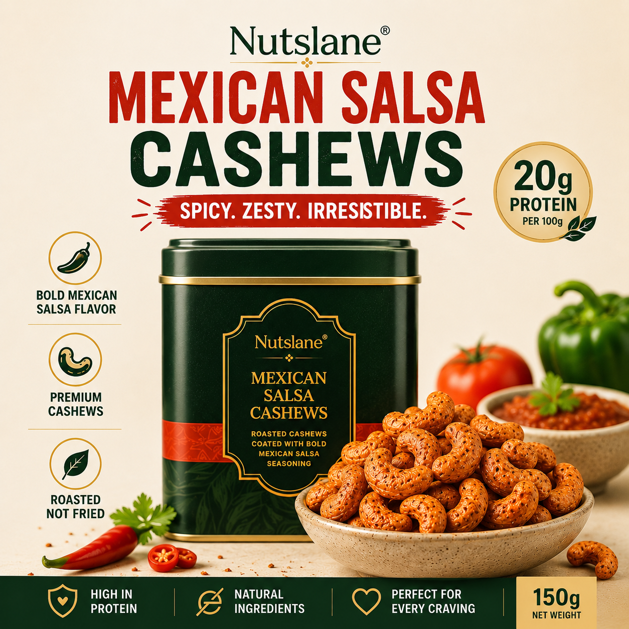 Mexican Salsa Cashews (Kaju) – 20g Protein | Spicy & Crunchy Premium Cashews