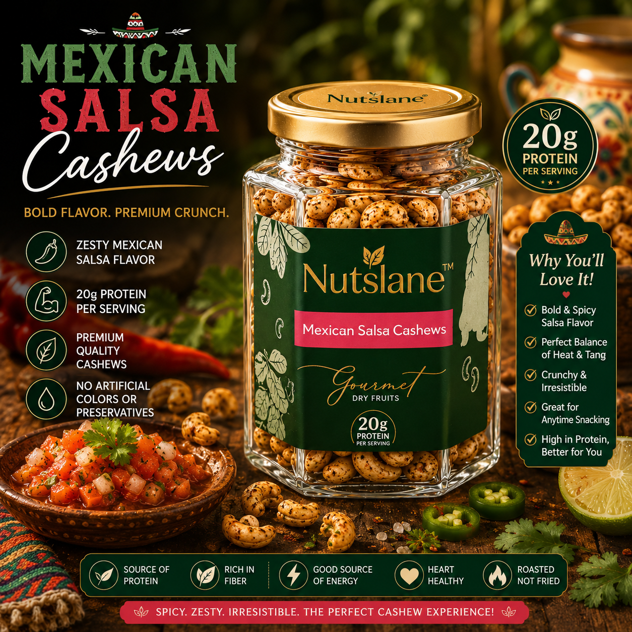Mexican Salsa Cashews (Kaju) – 20g Protein Premium Cashews in Glass Jar