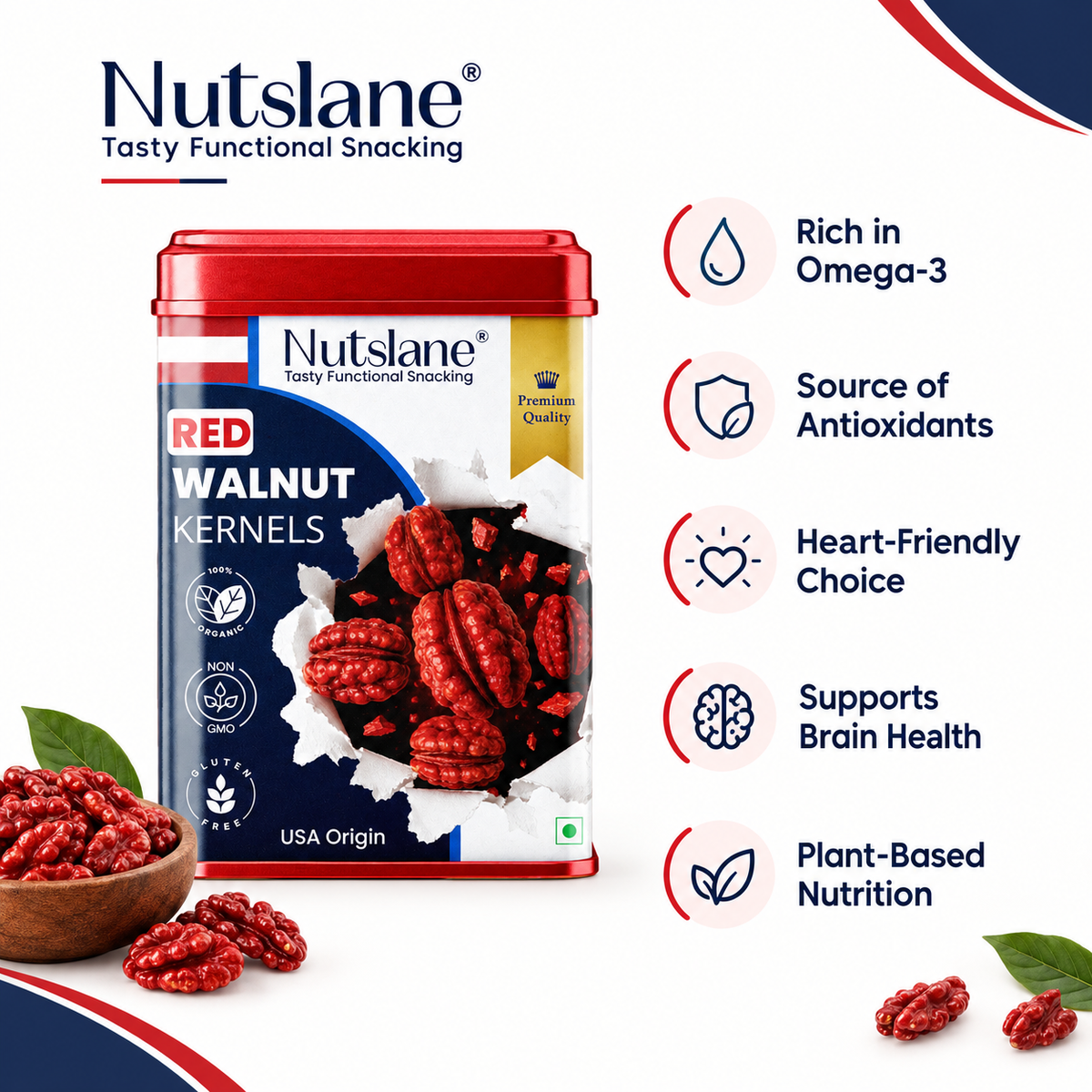 Nutslane Red Walnut Kernels 100g Luxury Tin | USA Imported Premium Red Walnuts | Antioxidant Rich Superfood Snack