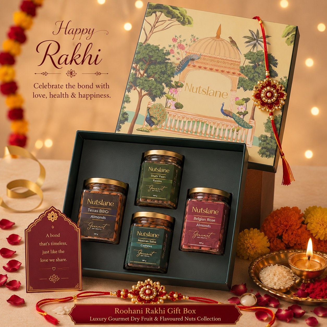 Nutslane Roohani Rakhi Gift Box | Luxury Dry Fruit & Gourmet Nuts Hamper