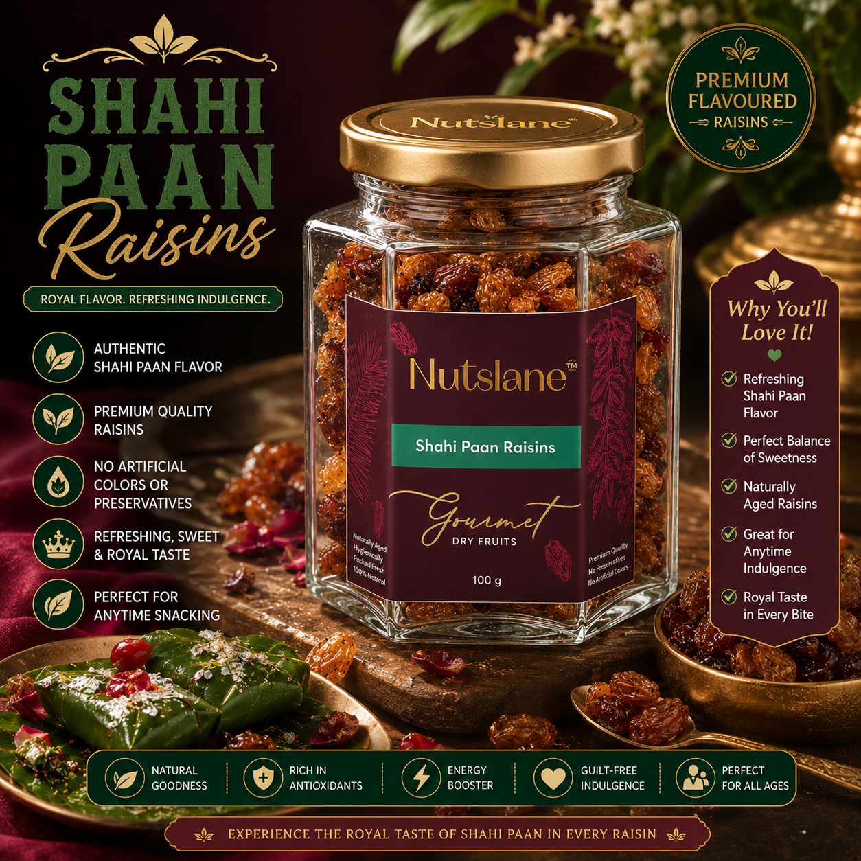 Shahi Paan Raisins – Premium Flavoured Raisins in Glass Jar | Refreshing, Sweet & Royal Indulgence