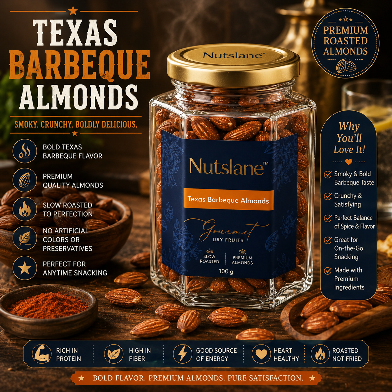 Texas Barbeque Almonds – Premium Roasted Almonds in Glass Jar | Smoky, Crunchy & Boldly Flavoured