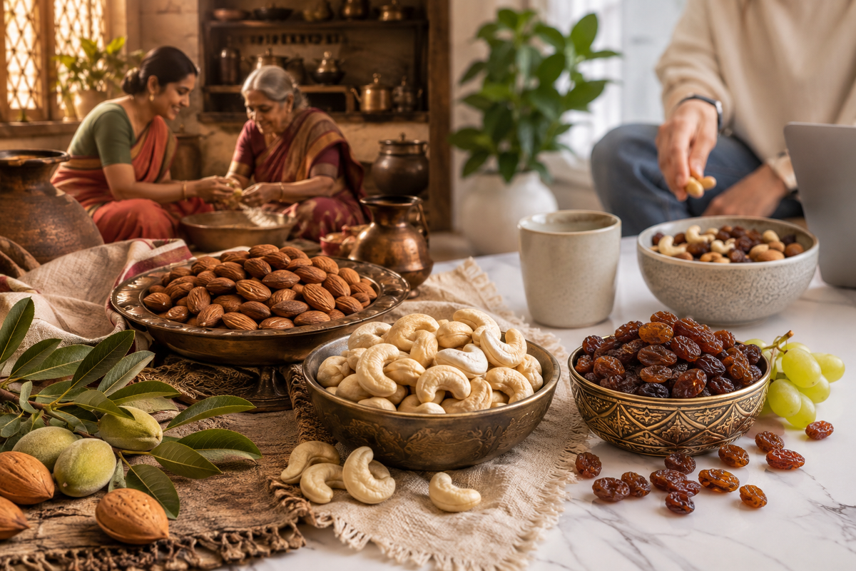 The Story of Indian Almonds, Cashews & Raisins: From Traditional Kitchens to Modern Snacking