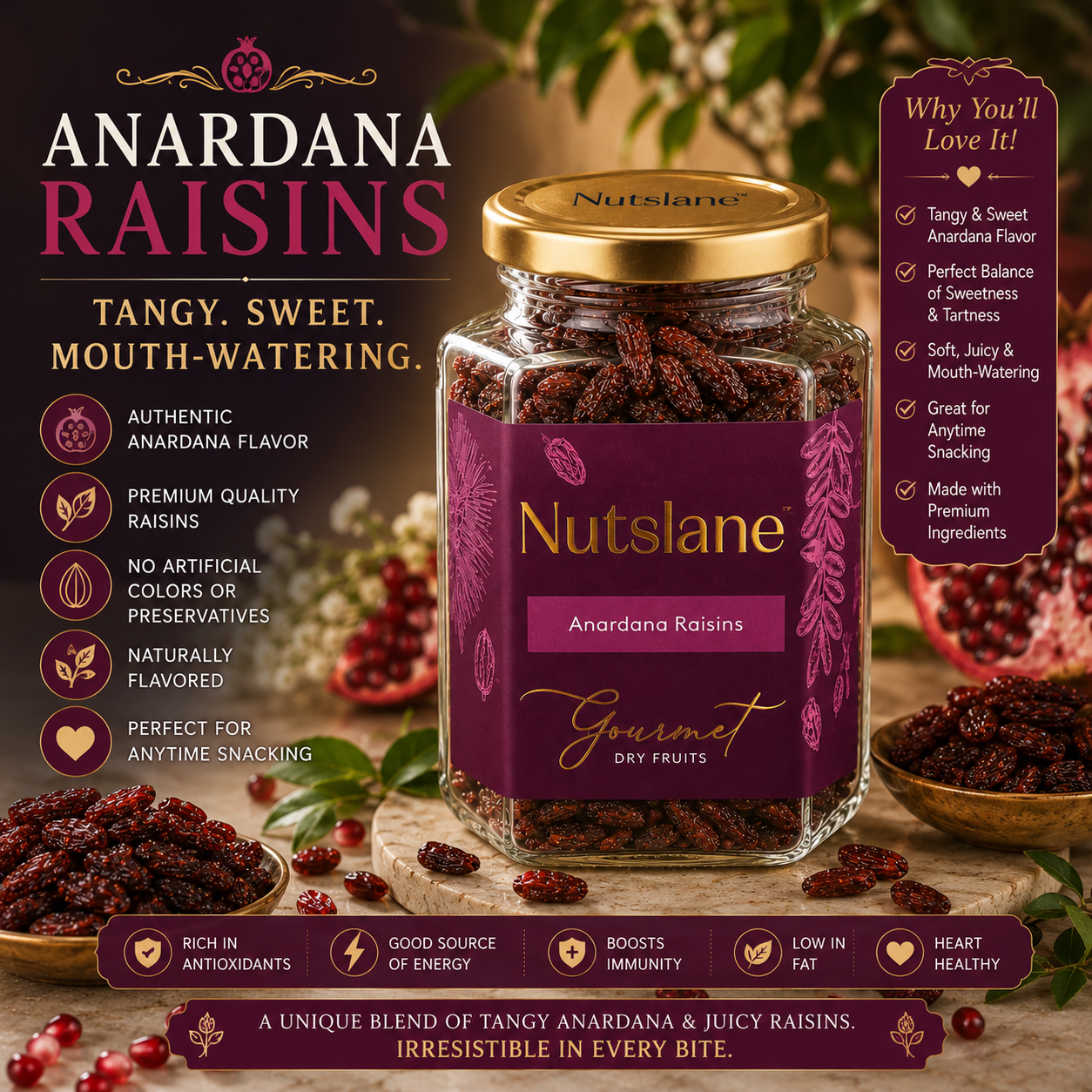 Anardana Raisins – Premium Flavoured Raisins in Glass Jar | Tangy, Sweet & Mouth-Watering