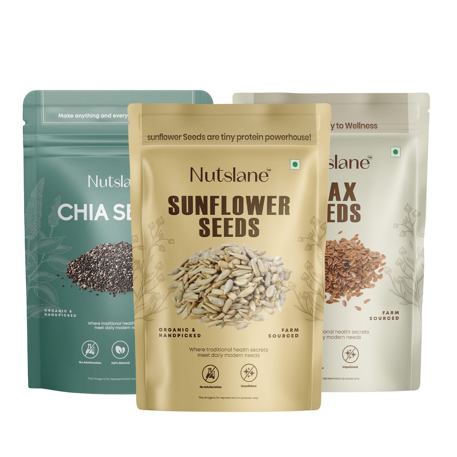 Nutslane Premium Seeds Combo ( 3 Pack of 200g ), Chia Seeds, Flax Seeds & Sunflower Seeds