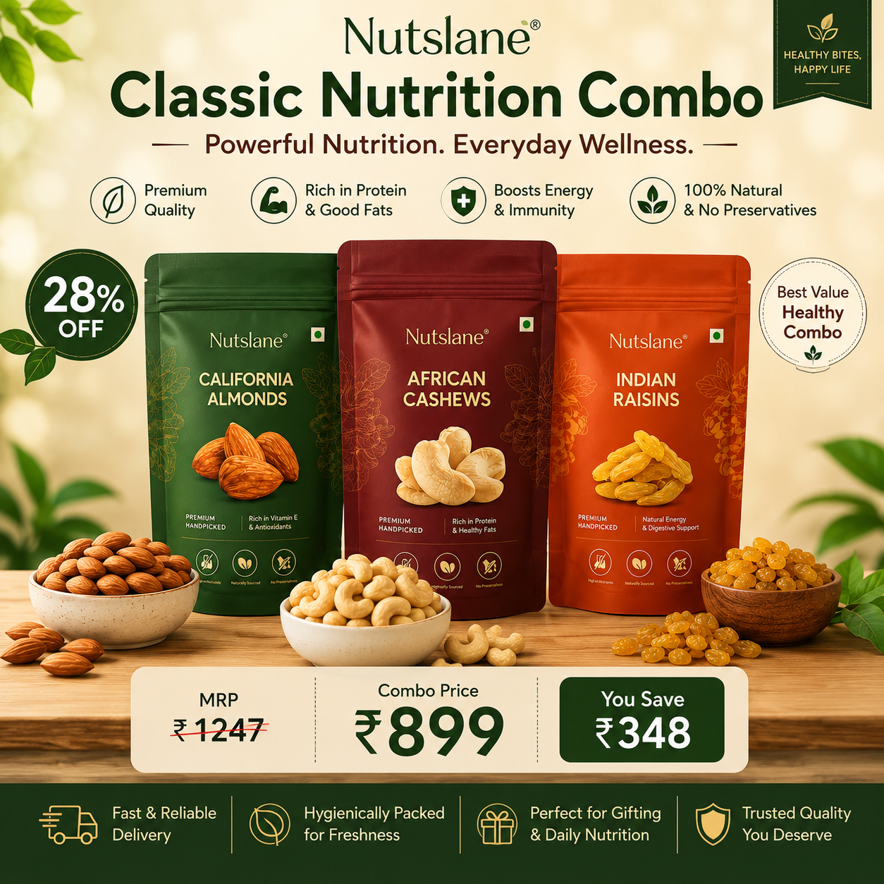Classic Nutrition Combo | Almonds(200g) + Cashews(200g) + Raisins(100g)