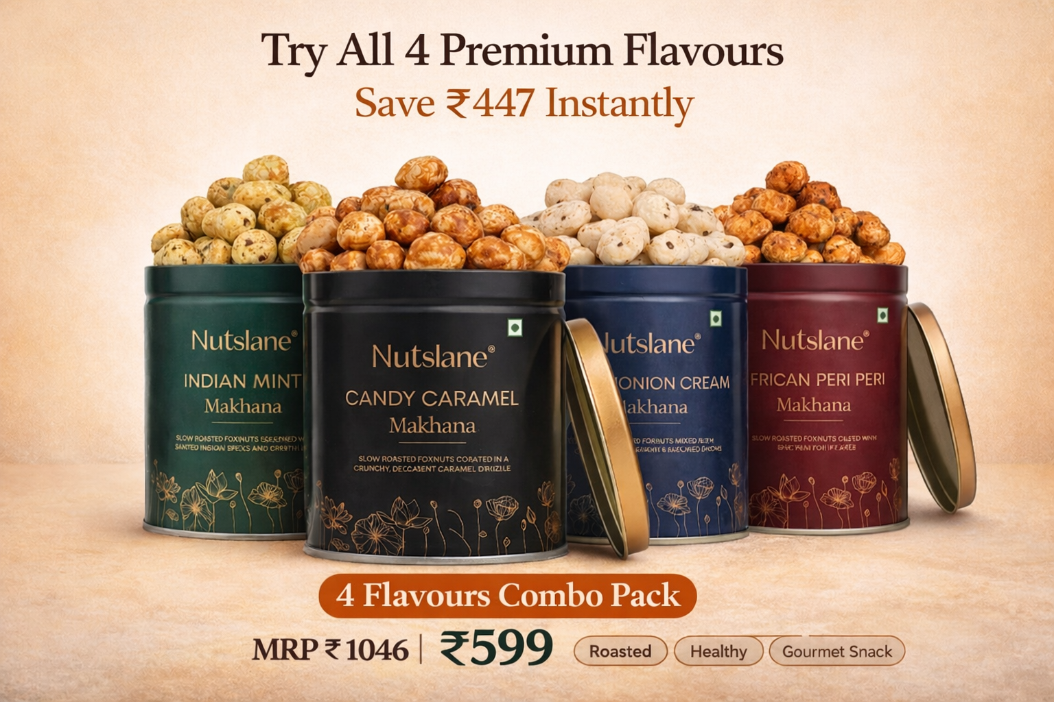 Nutslane Premium Flavoured Makhana Combo (Pack of 4) – Gourmet Roasted Snacks | 4 Unique Flavours | 200g Total