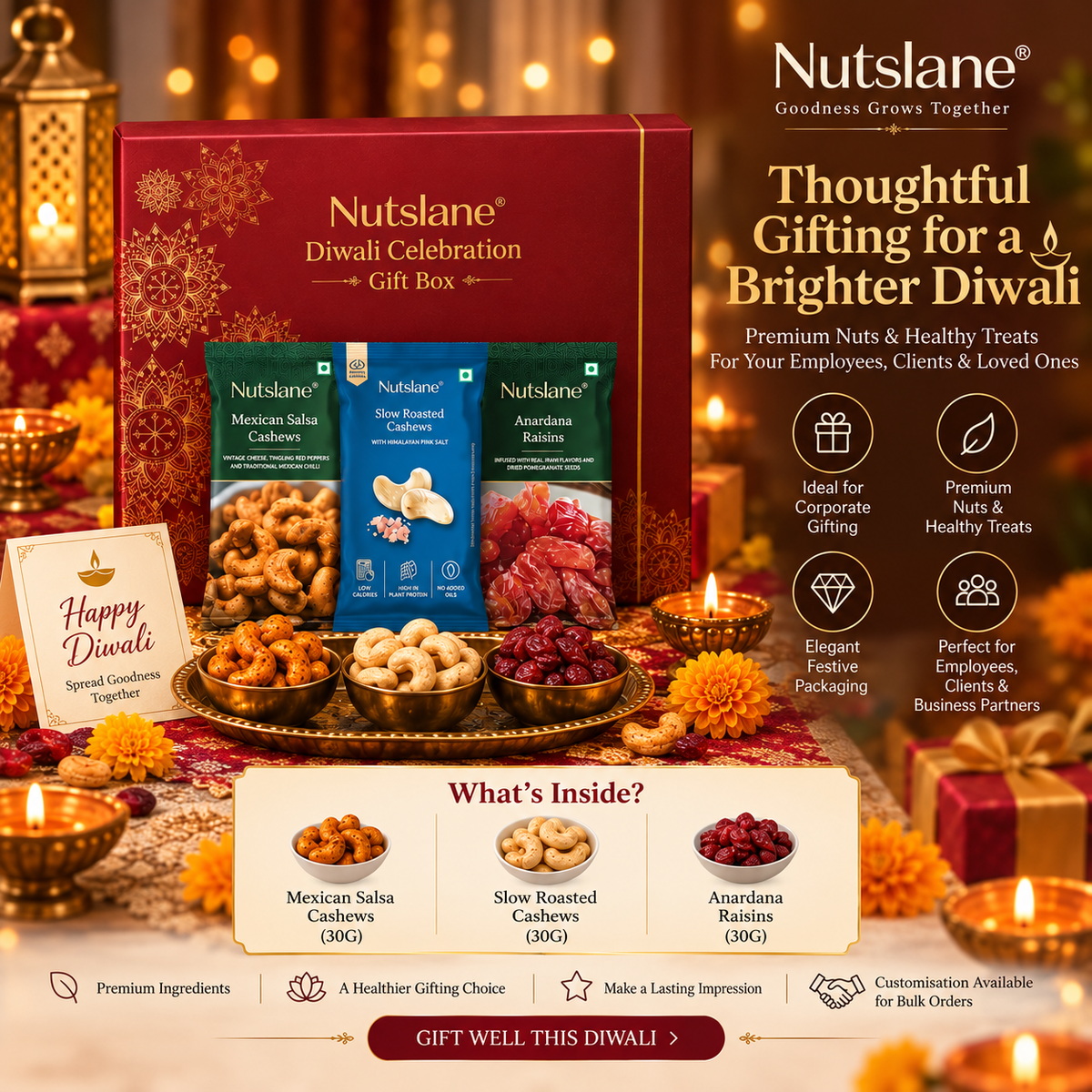 Nutslane Mia Diwali Celebration Gift Box | Premium Nuts & Healthy Snacks