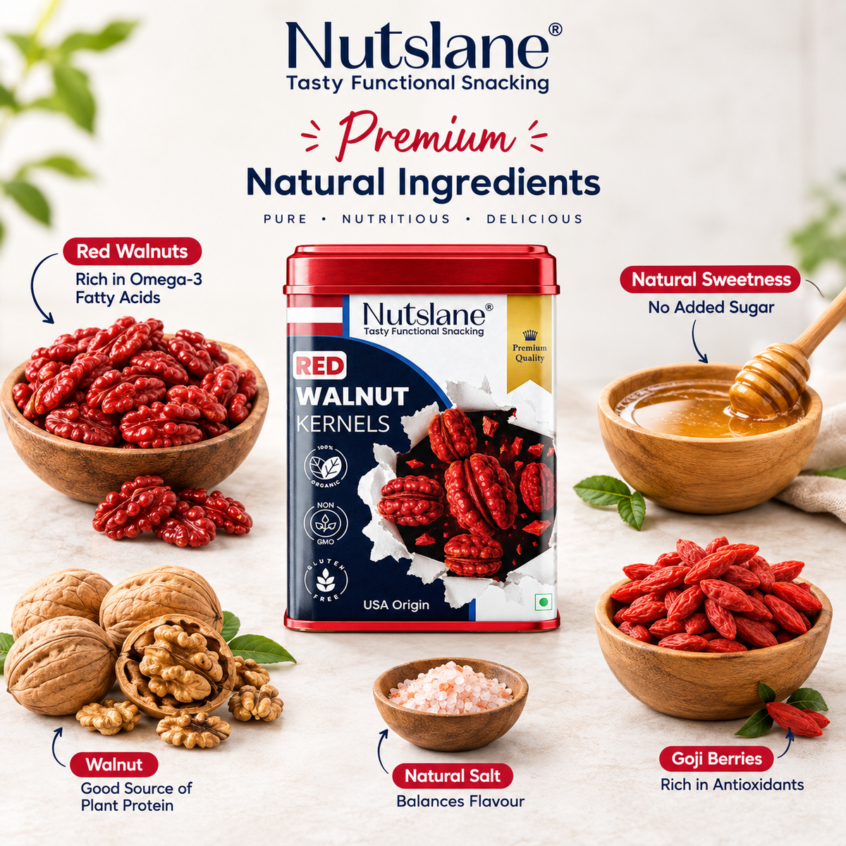 Nutslane Red Walnut Kernels 100g Luxury Tin | USA Imported Premium Red Walnuts | Antioxidant Rich Superfood Snack