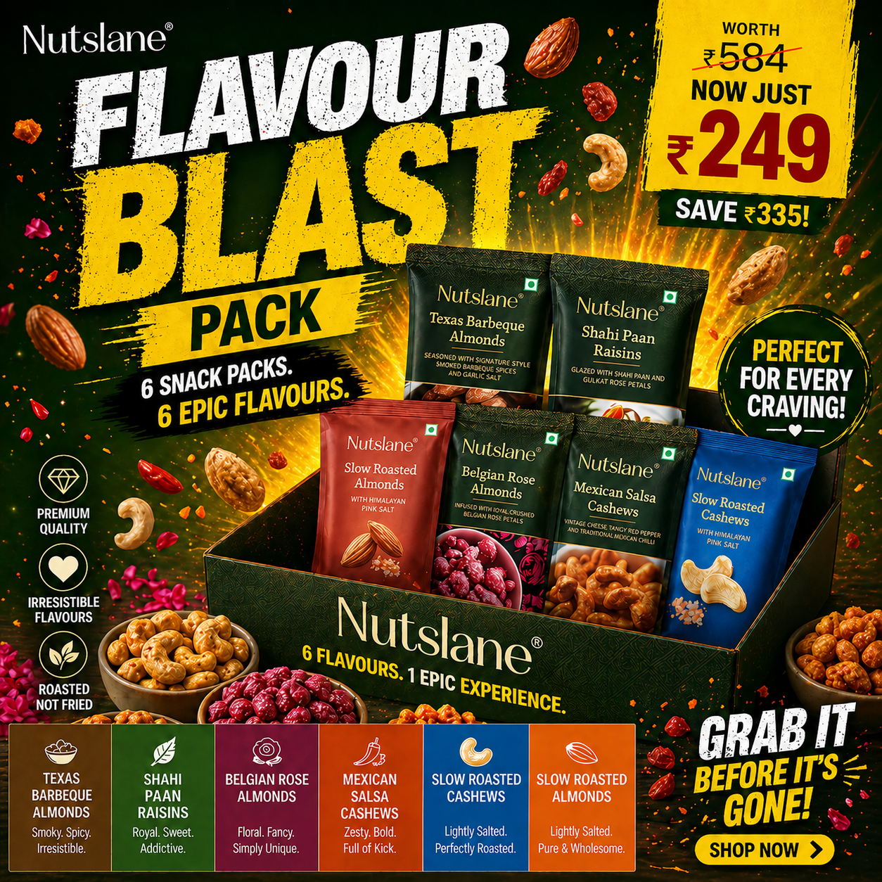 Nutslane Flavour Blast Pack – 6 x 30g (Total 180g) | Texas Barbeque, Shahi Paan, Belgian Rose & More