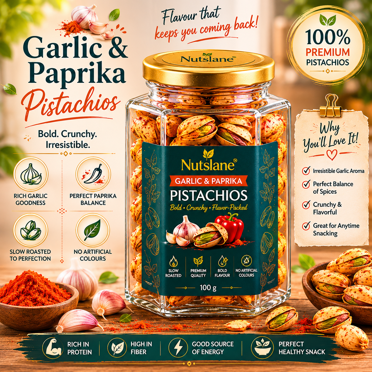 Garlic & Paprika Pistachios – Premium Roasted Pistachios in Glass Jar | Bold, Crunchy & Flavor-Packed