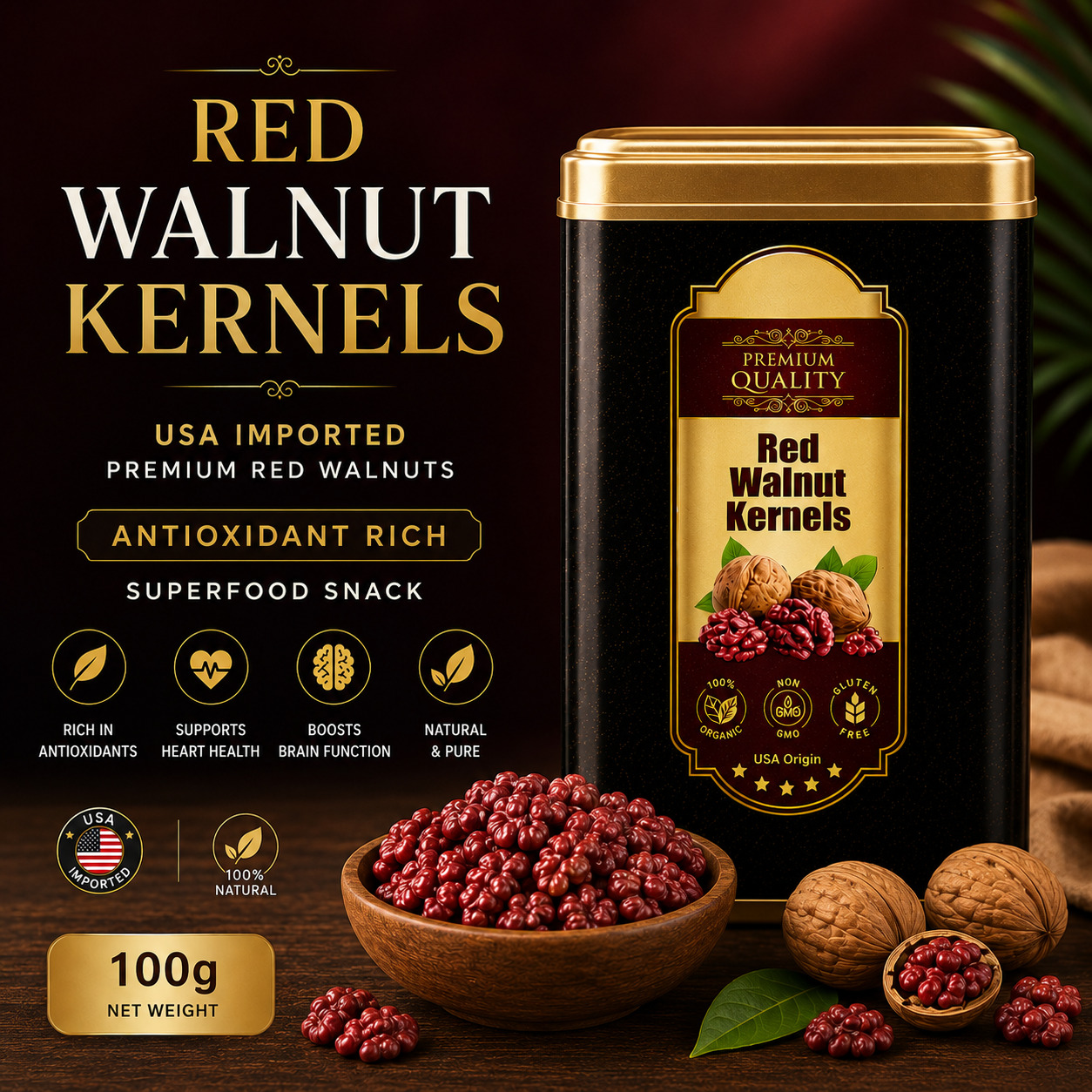 Nutslane Red Walnut Kernels 100g Luxury Tin | USA Imported Premium Red Walnuts | Antioxidant Rich Superfood Snack