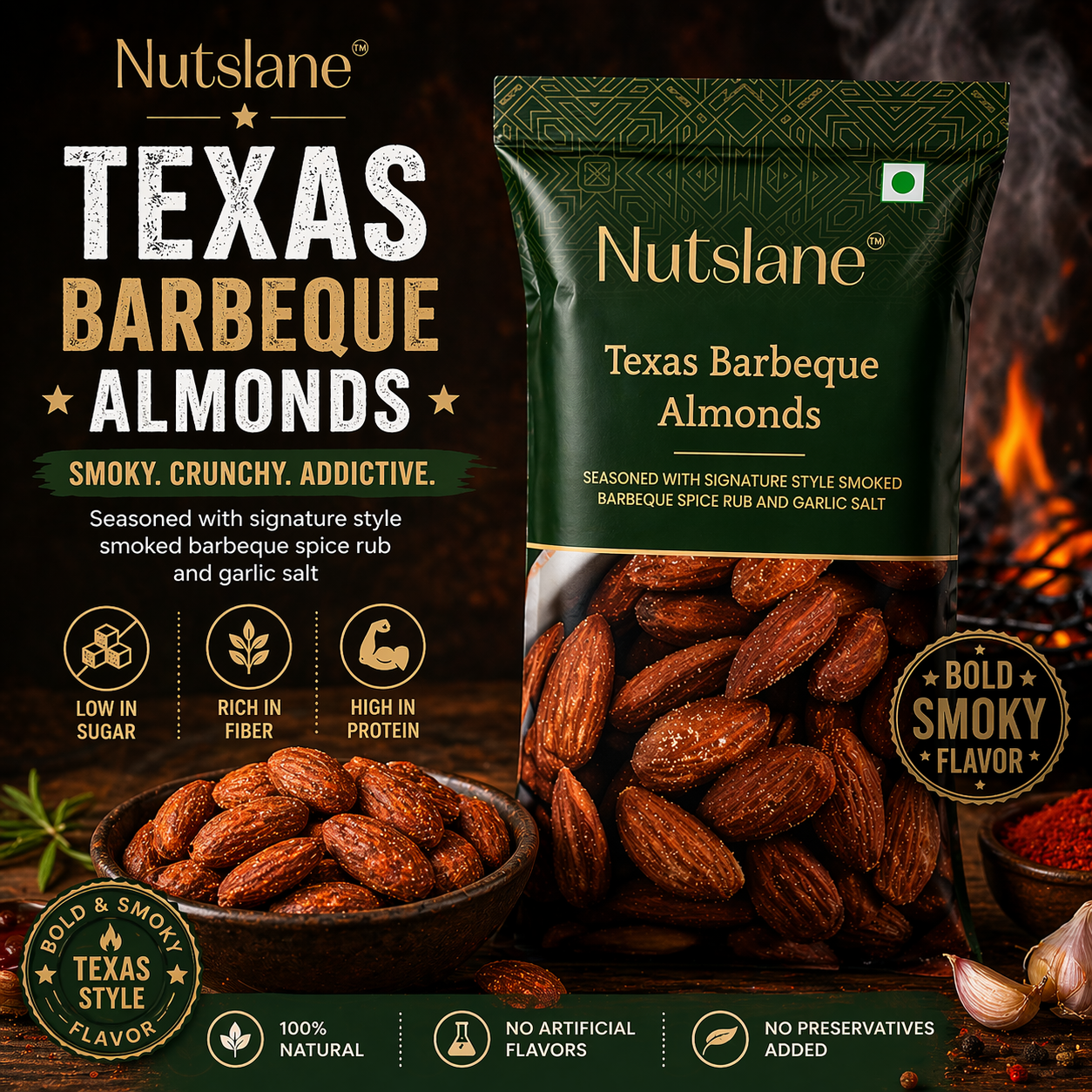 Texas BBQ Almonds (Badam)  – Smoky, Crunchy Snack (30g)