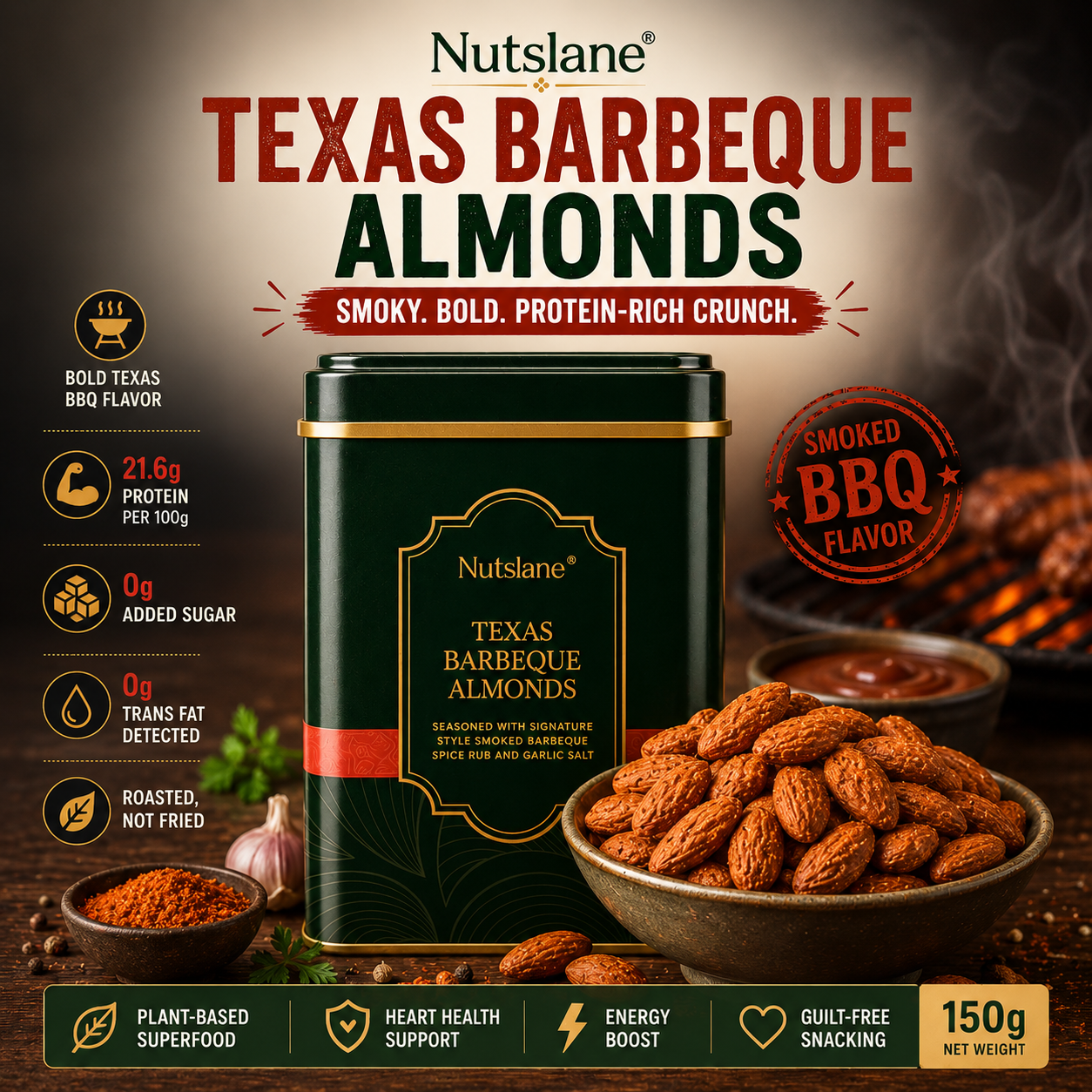 Texas Barbeque Almonds – Smoky, Bold & Protein-Rich Crunch | 21.6g Protein