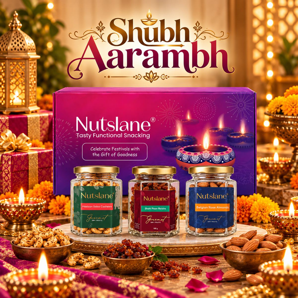 Nutslane Premium Shubh Aarambh Gift Box 445g –  Diwali Dry Fruit Gift Box | Festive Gifting for Family, Friends & Corporate